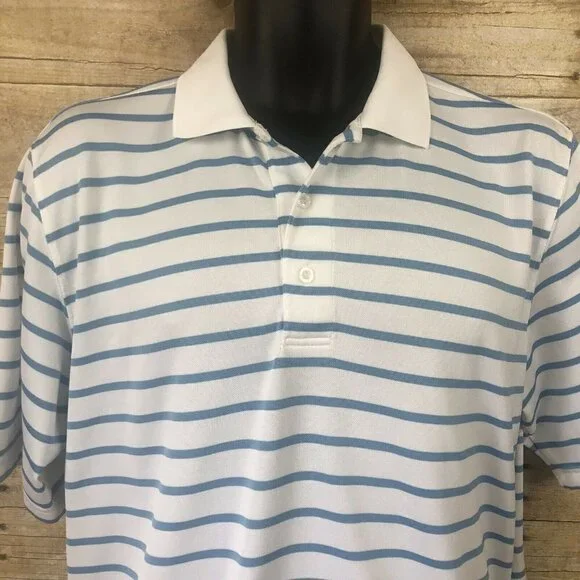 Arnold Palmer Polo Golf Shirt Medium White Blue Stripe Embroidered Umbrella Logo - Picture 2 of 9